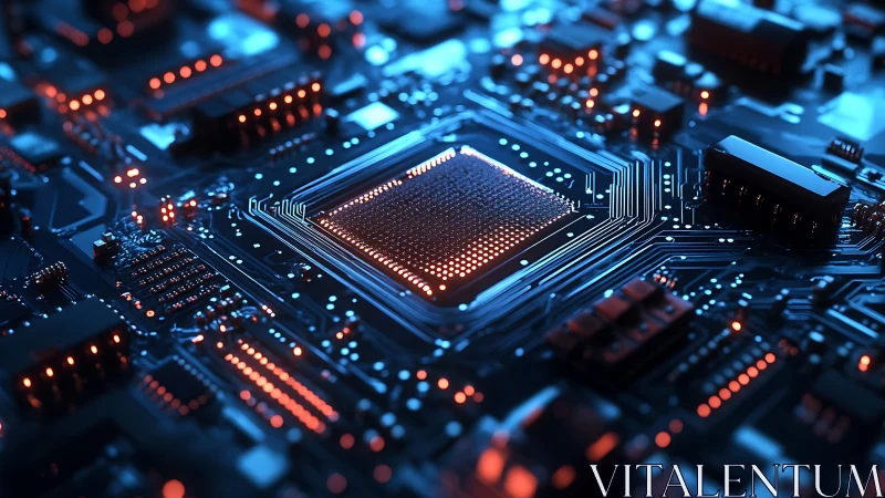 Illuminated central processor rendered on futuristic PCB surface