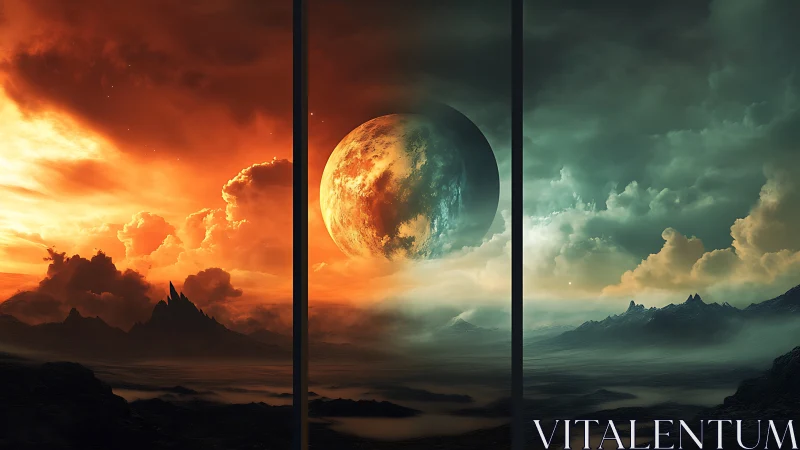Triptych render depicts divided alien sky and planet