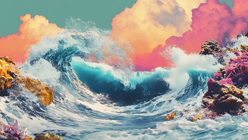 Neon surf crashes against coral under pastel storm clouds.