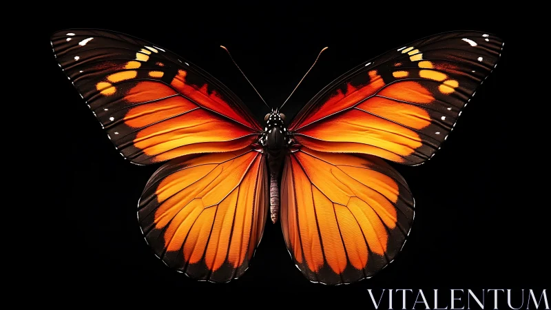 Fiery orange butterfly spreads luminous wings on black.
