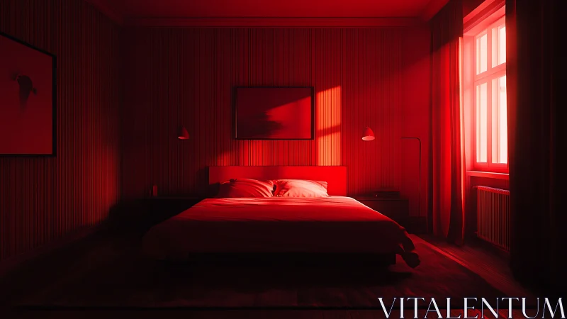 Red monochrome bedroom interior with directional light.