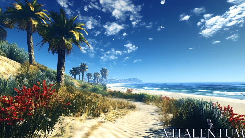 Coastal beachscape with palm trees and wildflowers overlooking ocean.