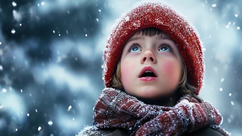Child in red winter hat gazes upward amid snow particles and frosted atmosphere.