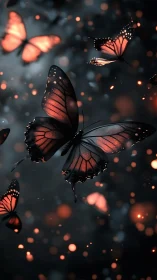 Red and black butterflies in soft glowing bokeh field.