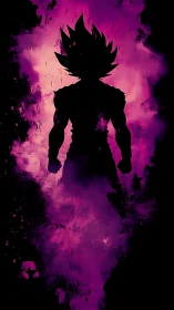 Energetic warrior silhouette in magenta ink dispersion field.