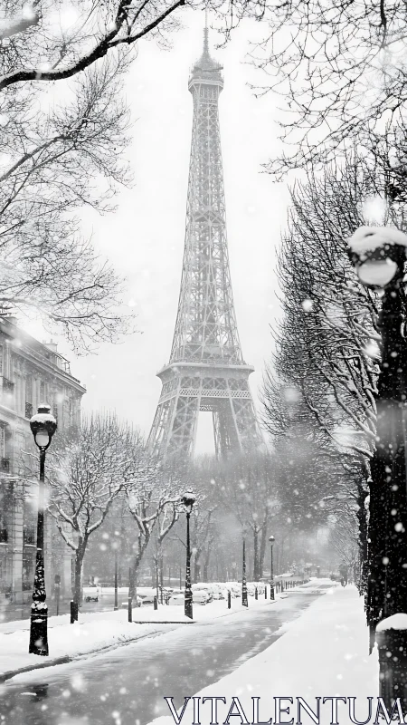 Snowy Eiffel Tower framed by Parisian winter trees.