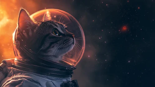 Cat astronaut gazes into glowing cosmos with quiet wonder