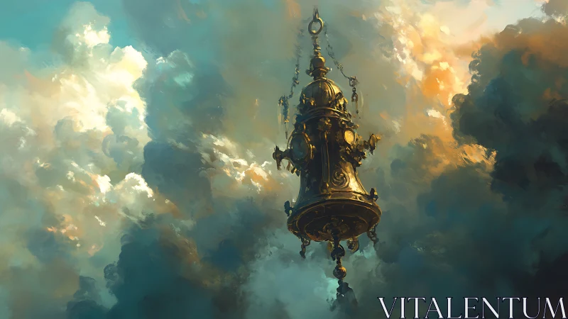 Floating golden censer drifts through storm-lit clouds.