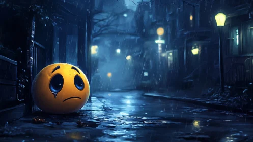 Sad emoji glows alone in rainy neon lit midnight alleyway.