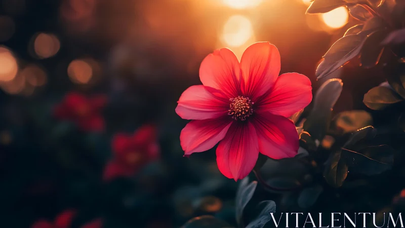 Radiant Red Cosmos Flower Glowing in Golden Sunlight