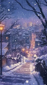Gentle snow drifts down a quiet city hillside staircase