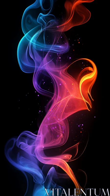 Neon smoke ribbon flows in vivid spectrum on black field.
