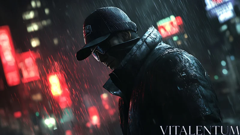 Rain-soaked urban operative under neon-saturated nightfall.