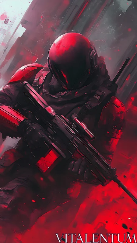 Armored red soldier with rifle in abstract battle scene.