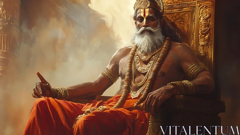 Digital painting of regal sage on ornate golden throne in palace.