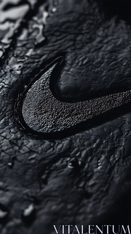 Macro closeup of embossed swoosh logo on wet textured surface