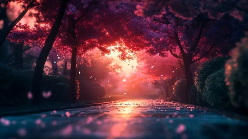 Petal-lit avenue melts into a glowing springtime horizon