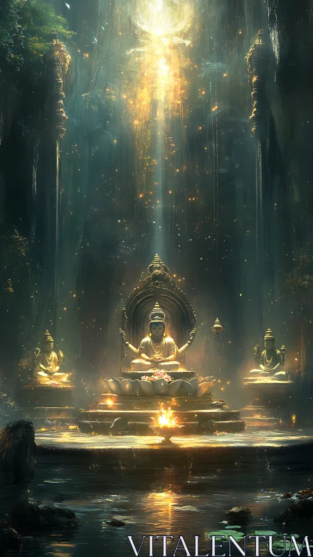 Sacred lotus sanctuary beneath cascading golden light.