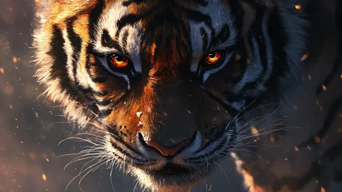 Fierce ember-eyed tiger stepping quietly through sparks.