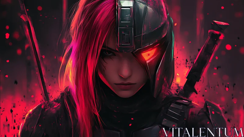 Cybernetic femme warrior stares ahead amid neon embers