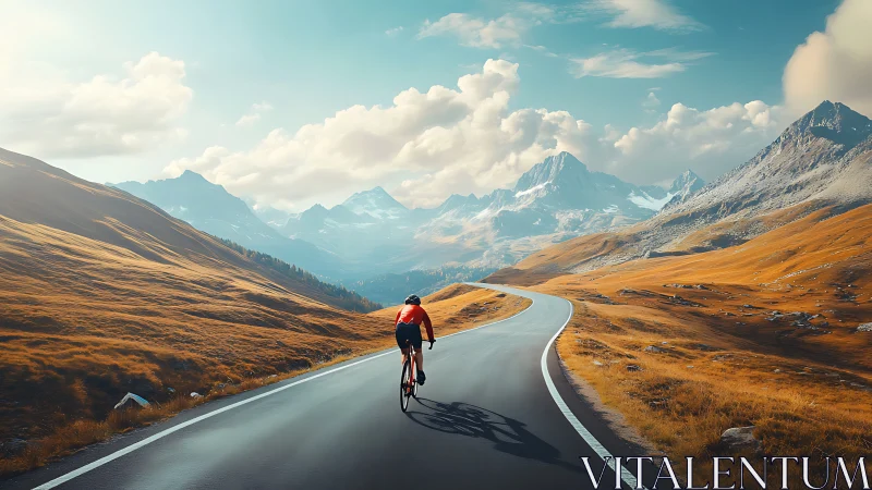 Alpine Road Cycling Through Mountain Valley with Seasonal Transitional Meadow