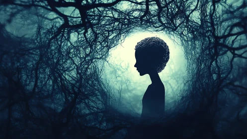 Silhouetted child mind glows inside tangled neural forest.