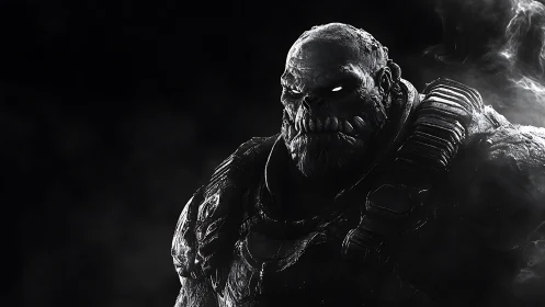 Shadowy armored brute gazes ahead with glowing resolve