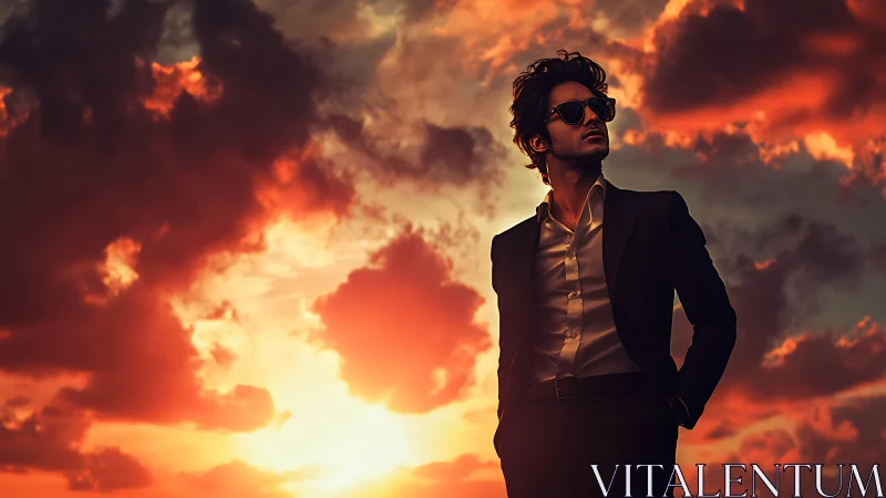 Confident sunset silhouette walking into the golden evening sky.