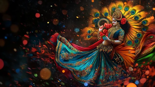 Hindu goddess figure dances in ornate peacock feather aura