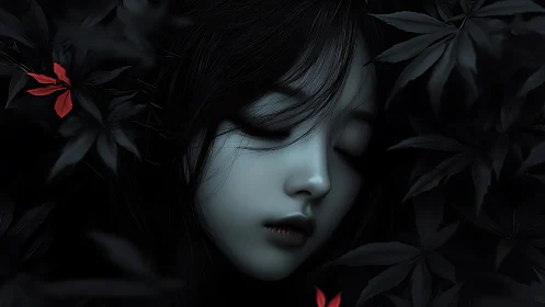Pale sleeping girl sinks into dark leaves under red petals
