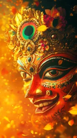 Festival mask smiles in a swirl of golden celebratory light