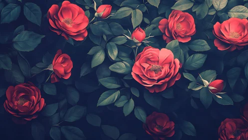 Vibrant red roses bloom against dark foliage in moody garden.