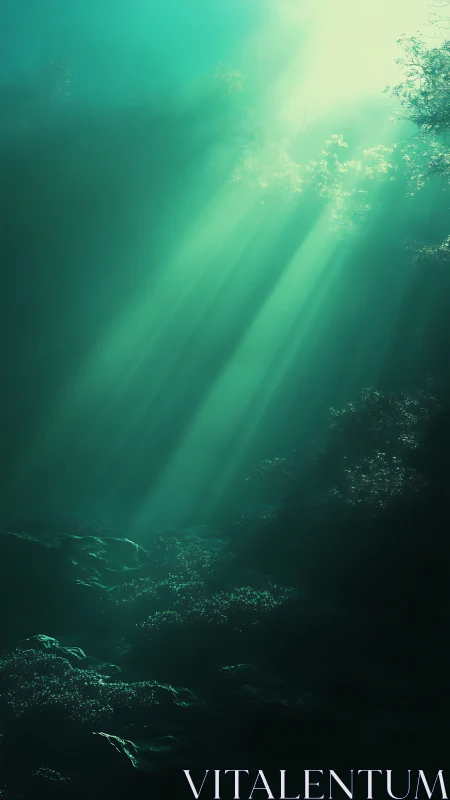 Sunbeams descend into a tranquil, emerald underwater abyss