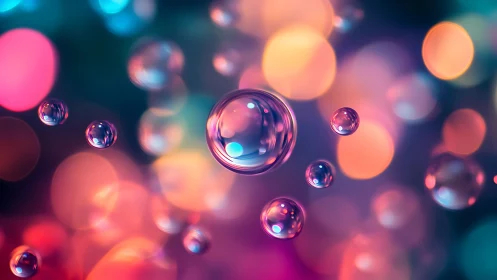 Luminous soap bubbles drift before colorful bokeh lights