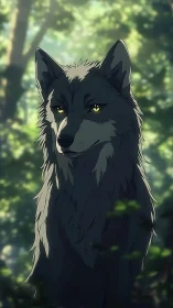 Lone grey wolf with golden eyes in sunlit forest clearing.