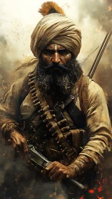 Battle-hardened turbaned rifleman amid ballistic smoke field.