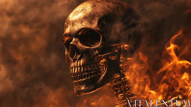 Flaming skull rises through swirling smoke and ember glow.