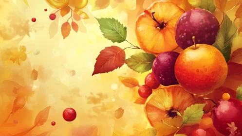 Warm autumn fruit and leaves illustration on yellow backdrop.