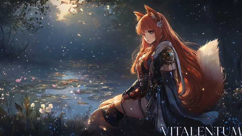 Fox-eared warrior girl rests by moonlit forest lake.