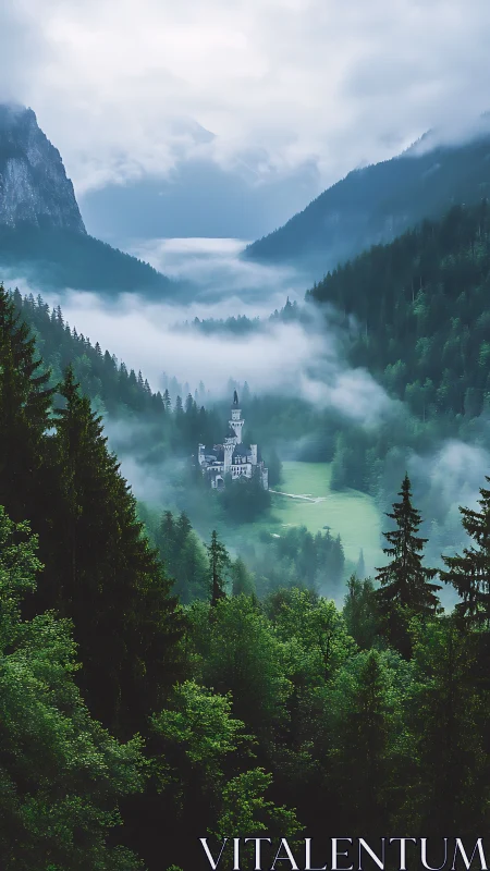 Fog-layered alpine valley isolates neo-gothic castle amid dense conifers