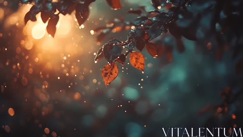 Backlit raindrops on foliage with warm bokeh diffusion.