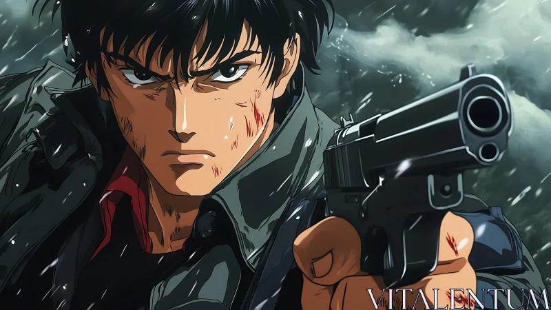 Anime gunman aims handgun forward under stormy weather