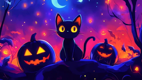 Black Cat and Jack-O'-Lanterns in Neon Halloween Night