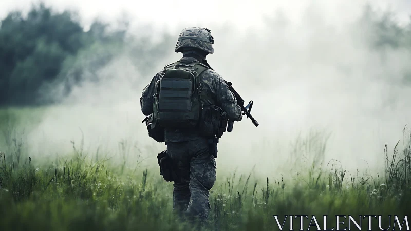 Solitary soldier walking into misty green silence.