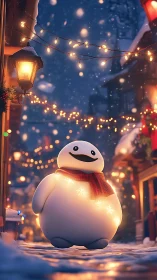 Luminous snowball mascot under festive bokeh streetlights.