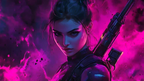 Neon-lit tactical sniper framed by magenta volumetric plasma haze