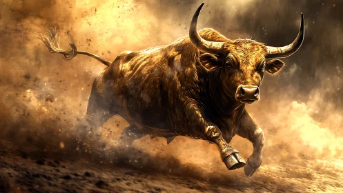 Charging bull storms through dust in golden dramatic light.