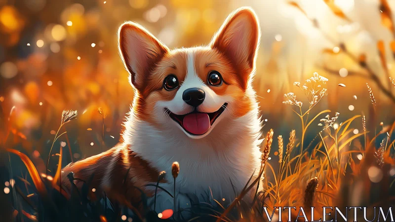Corgi dog glows in golden backlit meadow at sunset