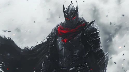 Mysterious dark knight wrapped in glowing crimson scarf.