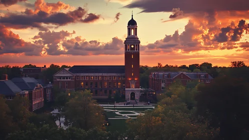 College campus clock tower framed by vivid sunset sky.